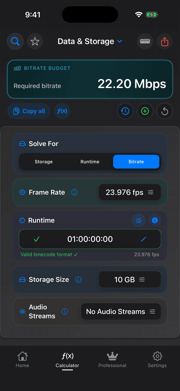 CineMath Data & Storage on iPhone, solving for bitrate: 10 GB over one hour of 23.976 fps timecode needs 22.20 Mbps