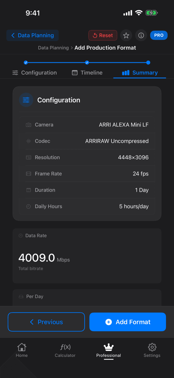 CineMath Data Planning format summary on iPhone: an ARRI ALEXA Mini LF recording ARRIRAW Uncompressed at 4448×3096 and 24 fps, five hours a day for one day, at a total bitrate of 4009.0 Mbps