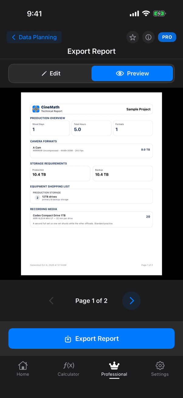 CineMath Data Planning PDF report preview on iPhone: page 1 of 2 of a Technical Report for a sample project, with 1 shoot day, 5.0 total hours, 10.4 TB of production and 10.4 TB of backup storage, two 12TB drives and 20 Codex Compact Drive 1TB cards