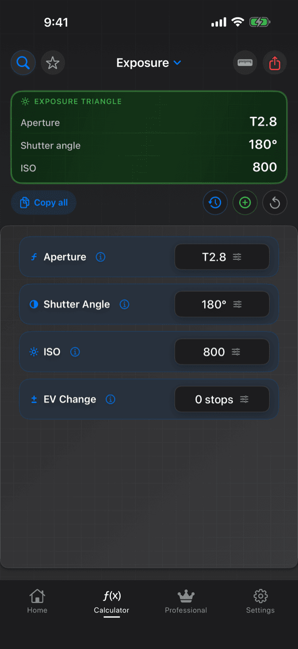 CineMath Exposure on iPhone: the exposure triangle at T2.8, a 180° shutter angle and ISO 800, with an EV change of 0 stops
