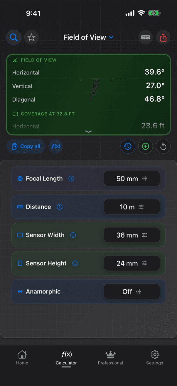 CineMath Field of View on iPhone: a 50 mm lens on a 36 × 24 mm sensor sees 39.6° horizontal, 27.0° vertical and 46.8° diagonal, and covers 23.6 ft across at 10 m