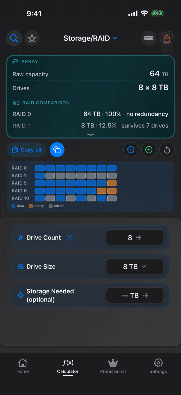 CineMath Storage/RAID on iPhone: eight 8 TB drives give 64 TB raw; RAID 0 keeps 64 TB with no redundancy and RAID 1 keeps 8 TB, with a drive diagram for RAID 0, 1, 5, 6 and 10 showing data, parity and mirror drives